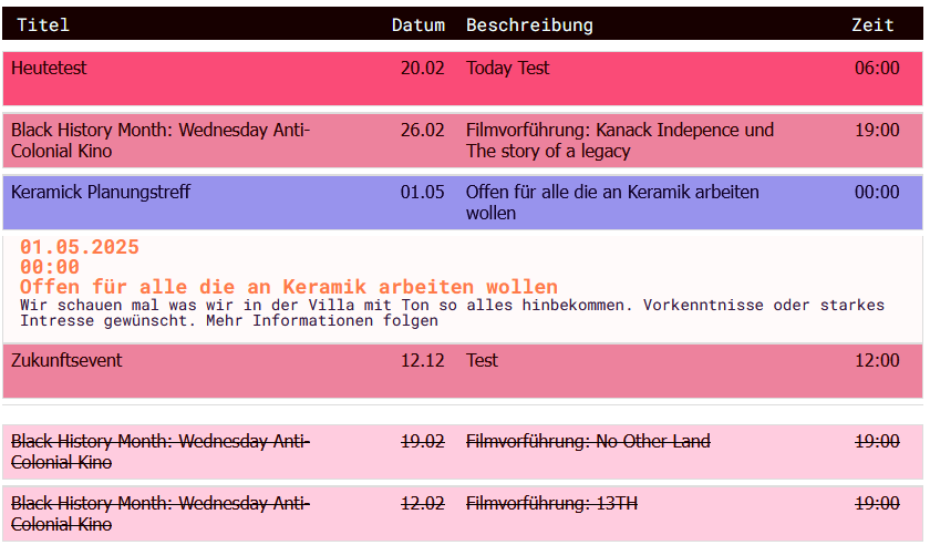 Rows of the calander filled with information